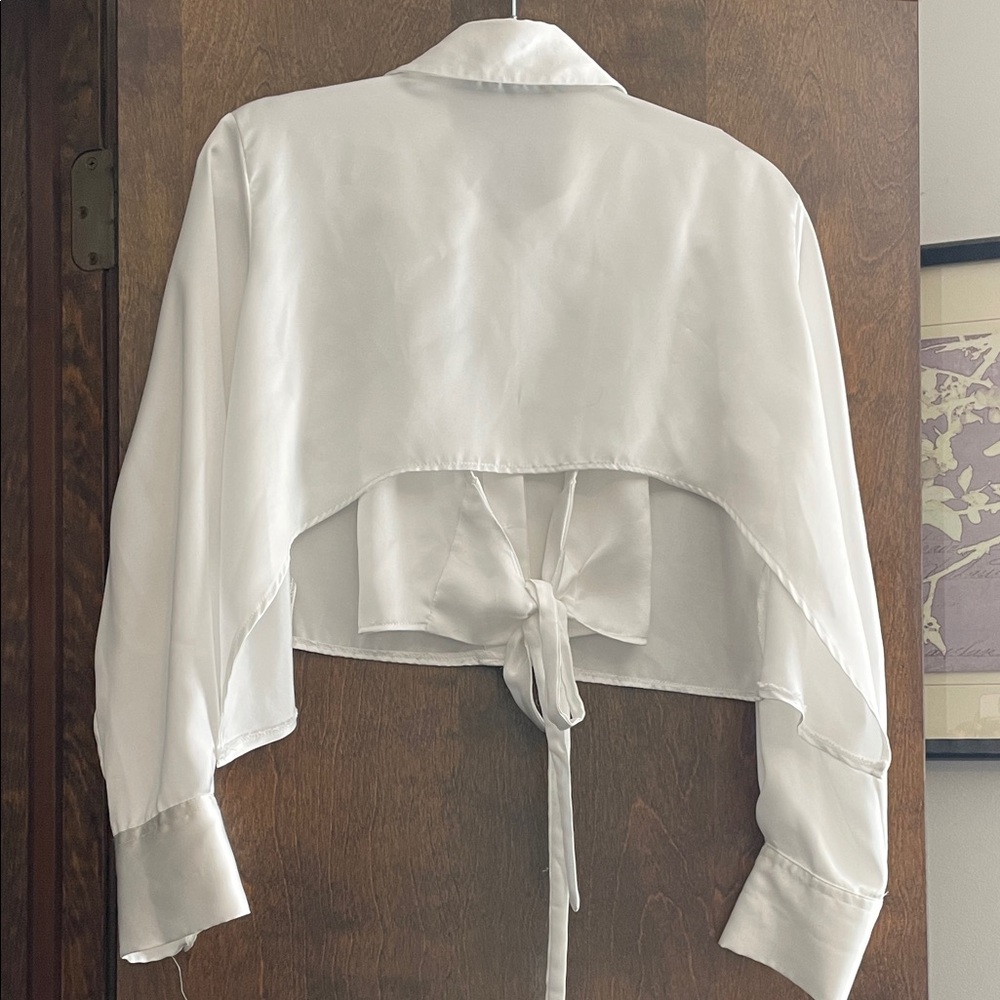 Zara White Satin Tie-Back Cropped Blouse